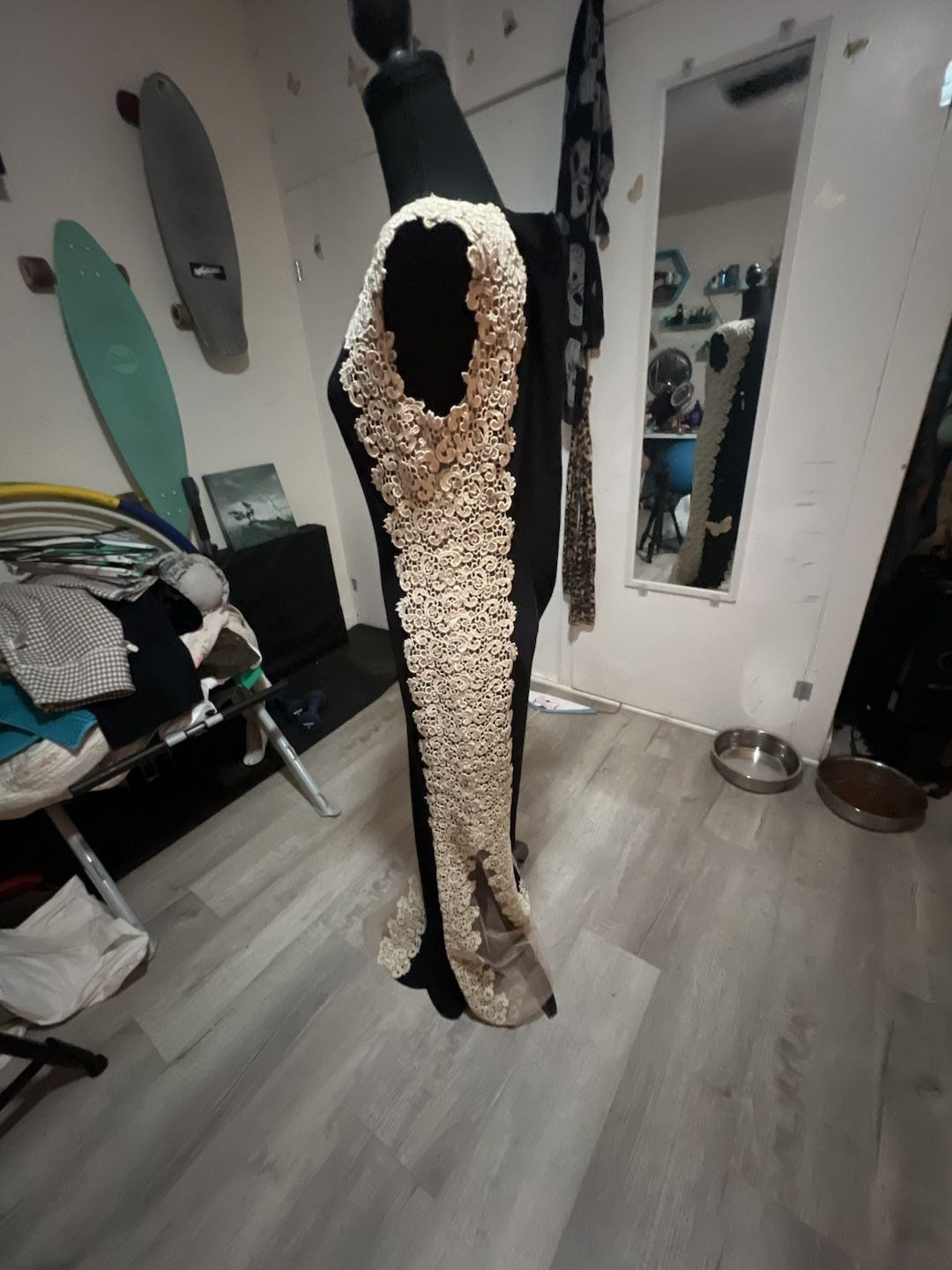 Avery G Black Bodycon Cocktail Dress with Creamy Gold Lace Accents, Size 8 3