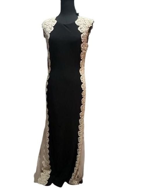 Avery G Black Bodycon Cocktail Dress with Creamy Gold Lace Accents, Size 8 2