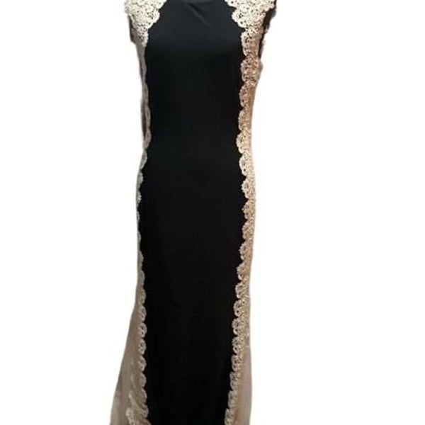Avery G Black Bodycon Cocktail Dress with Creamy Gold Lace Accents, Size 8