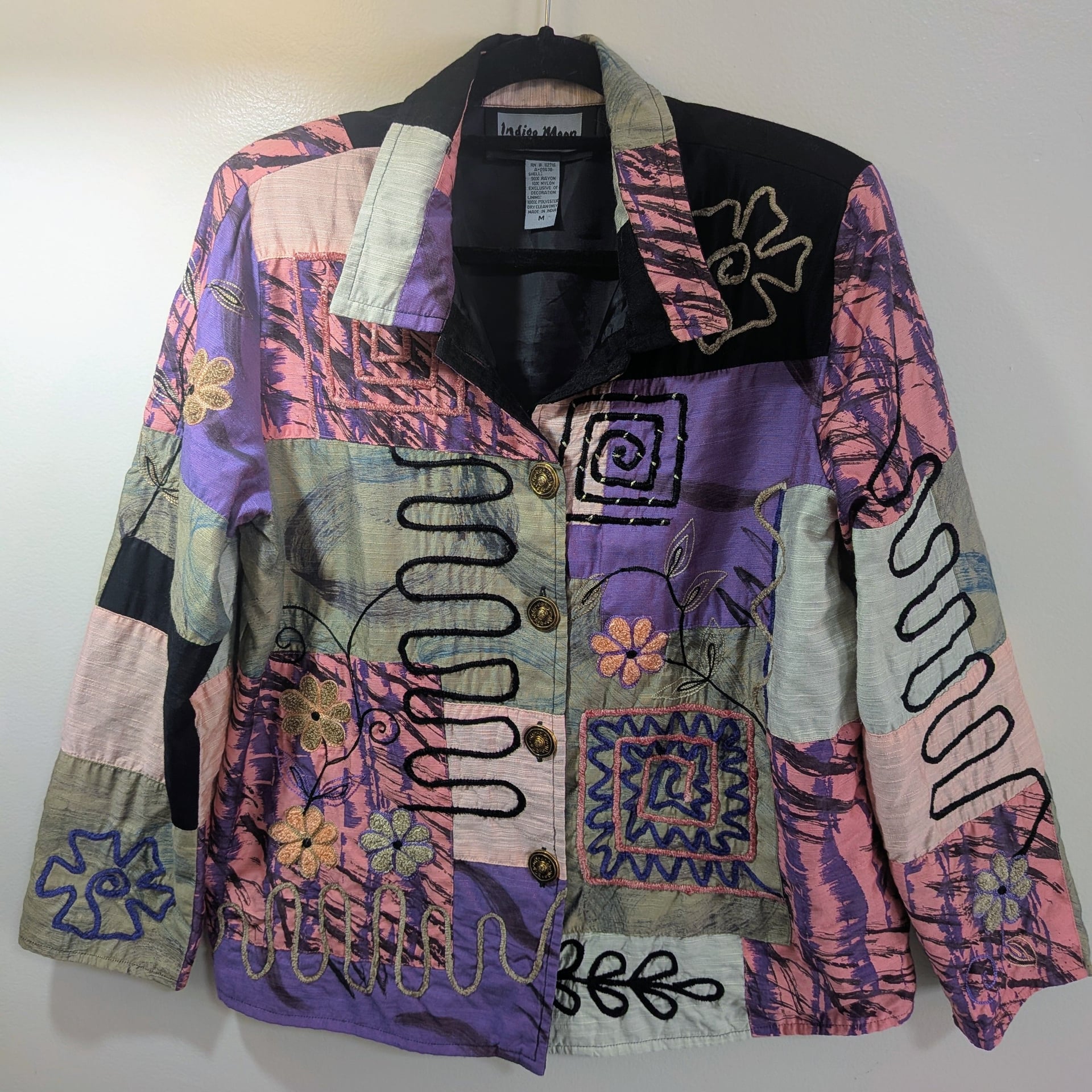 Indigo Moon Artistic Patchwork Embroidered Button-Down Jacket Size M 2