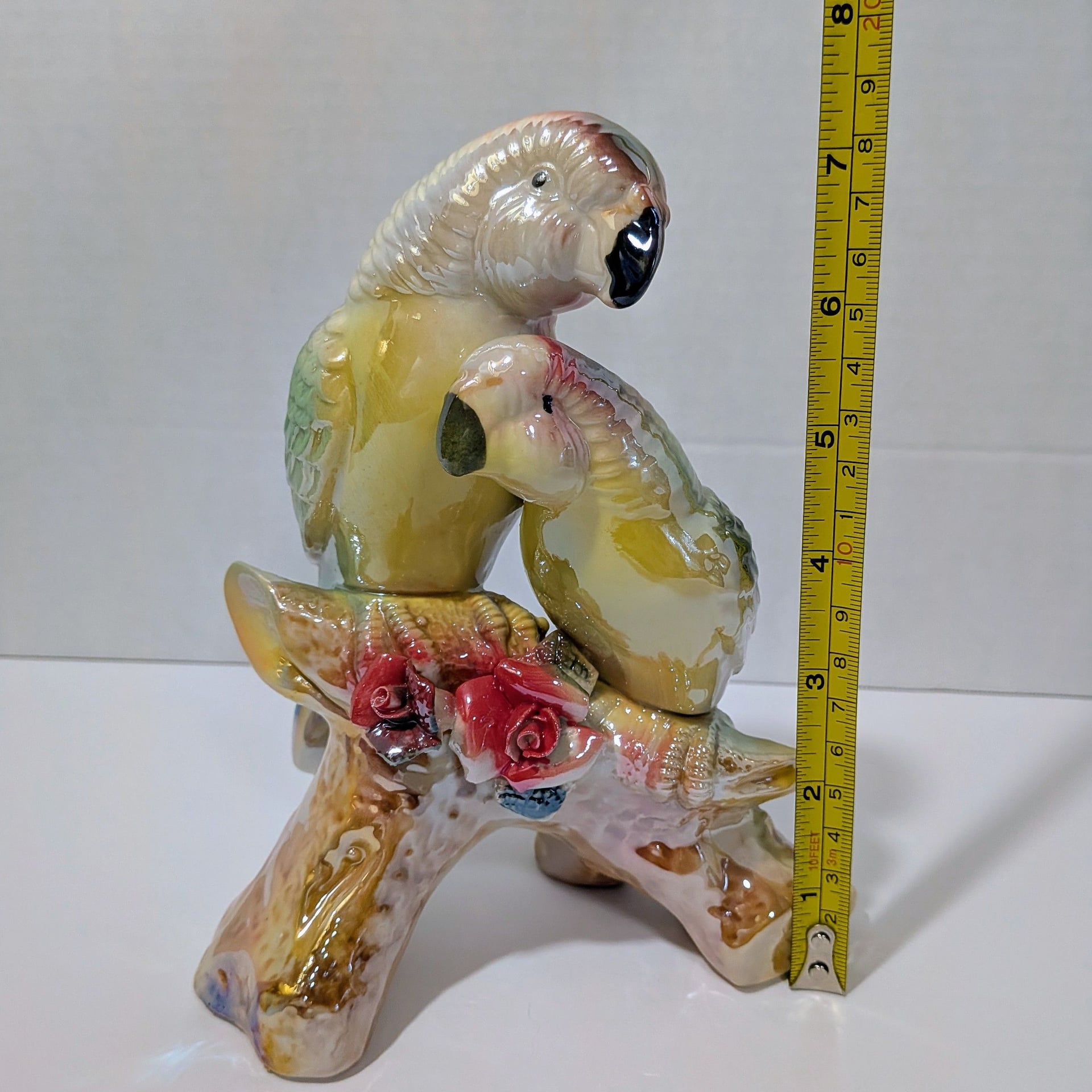 Vintage Porcelain Luster Glaze Cockatoo Parrots on Branch Figurine Red Roses 1