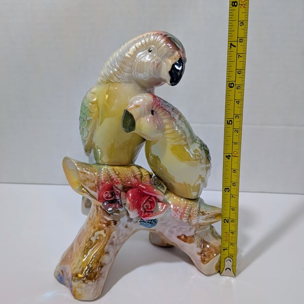 Vintage Porcelain Luster Glaze Cockatoo Parrots on Branch Figurine Red Roses
