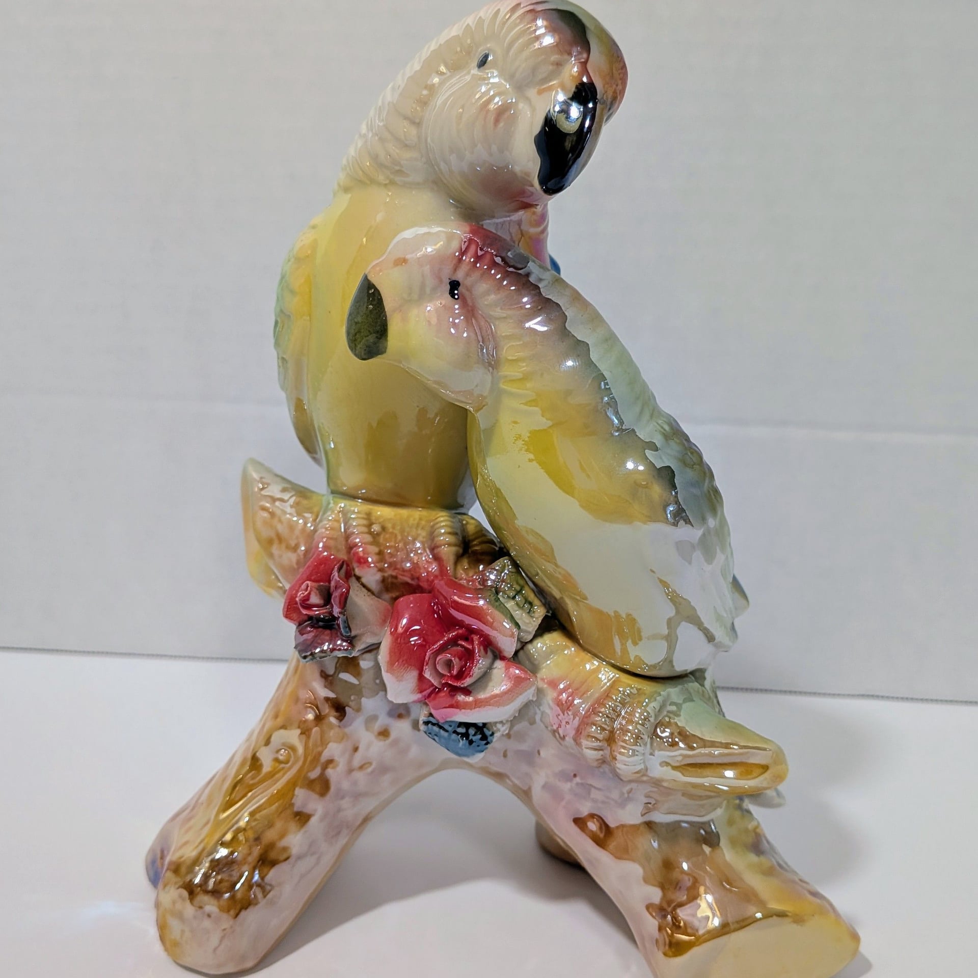Vintage Porcelain Luster Glaze Cockatoo Parrots on Branch Figurine Red Roses 2