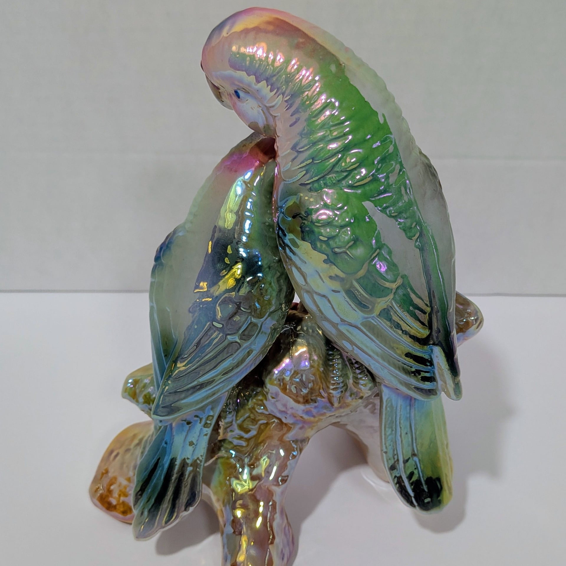 Vintage Porcelain Luster Glaze Cockatoo Parrots on Branch Figurine Red Roses 3