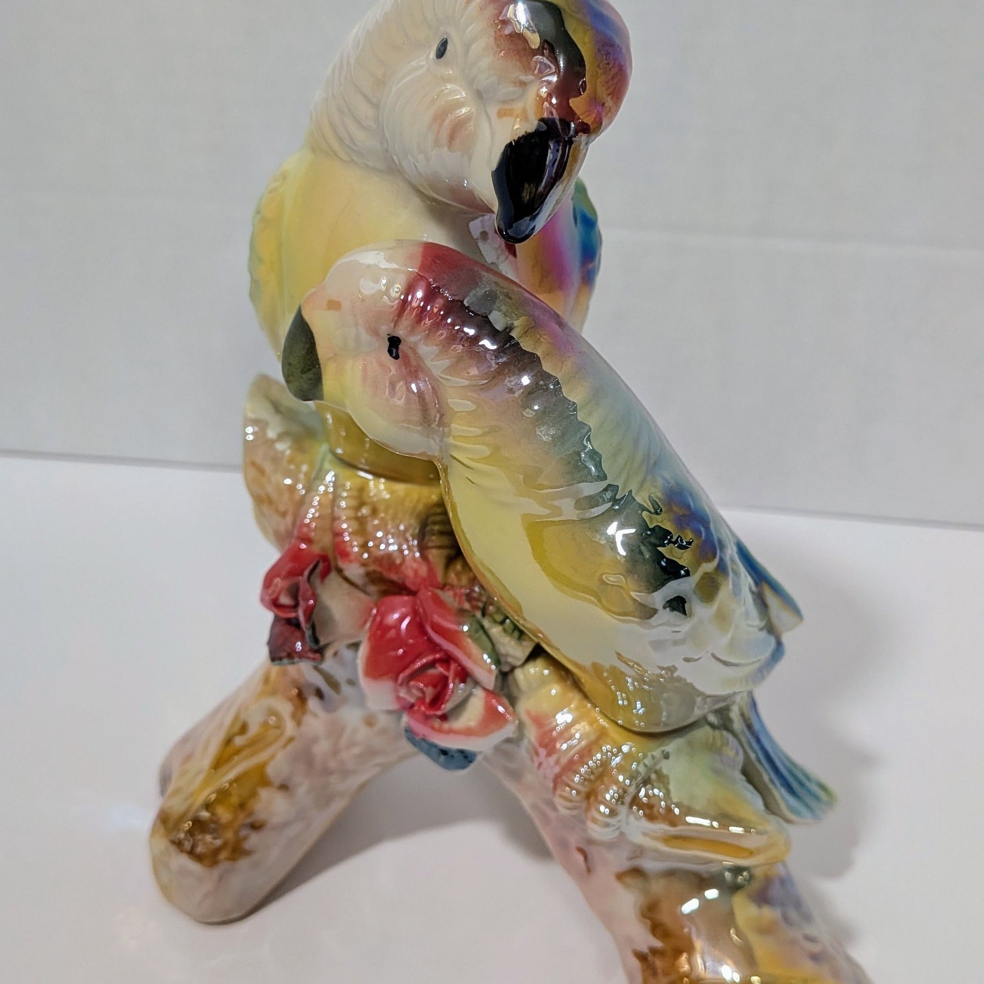 Vintage Porcelain Luster Glaze Cockatoo Parrots on Branch Figurine Red Roses 4
