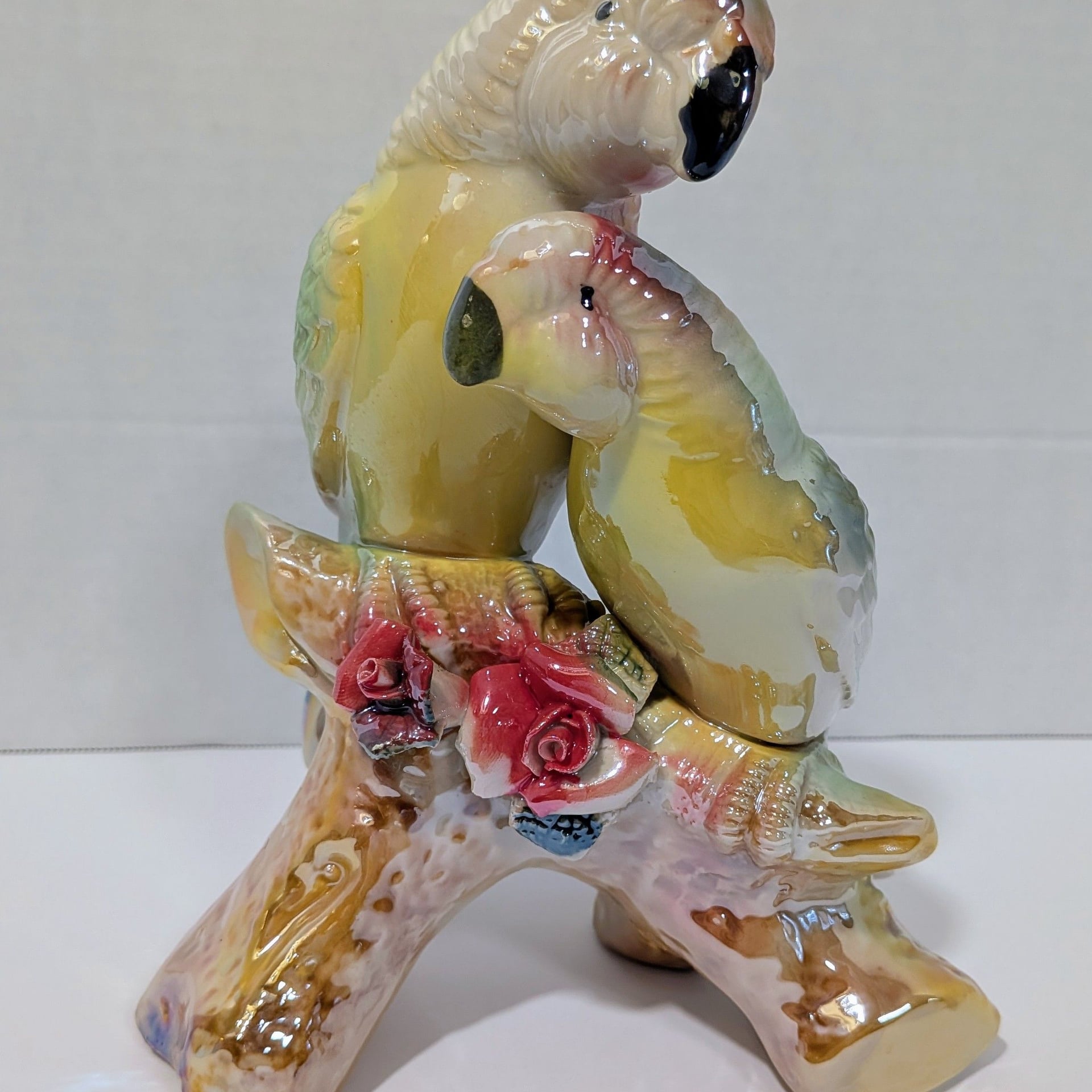 Vintage Porcelain Luster Glaze Cockatoo Parrots on Branch Figurine Red Roses 5