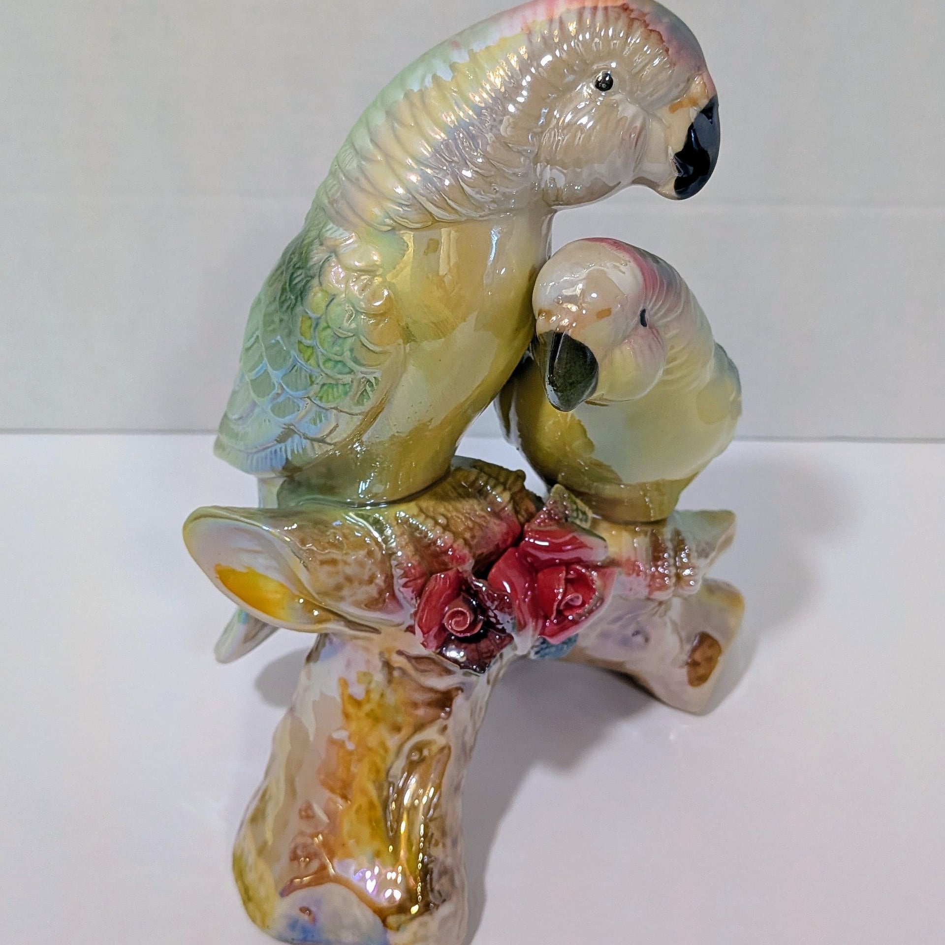 Vintage Porcelain Luster Glaze Cockatoo Parrots on Branch Figurine Red Roses 6