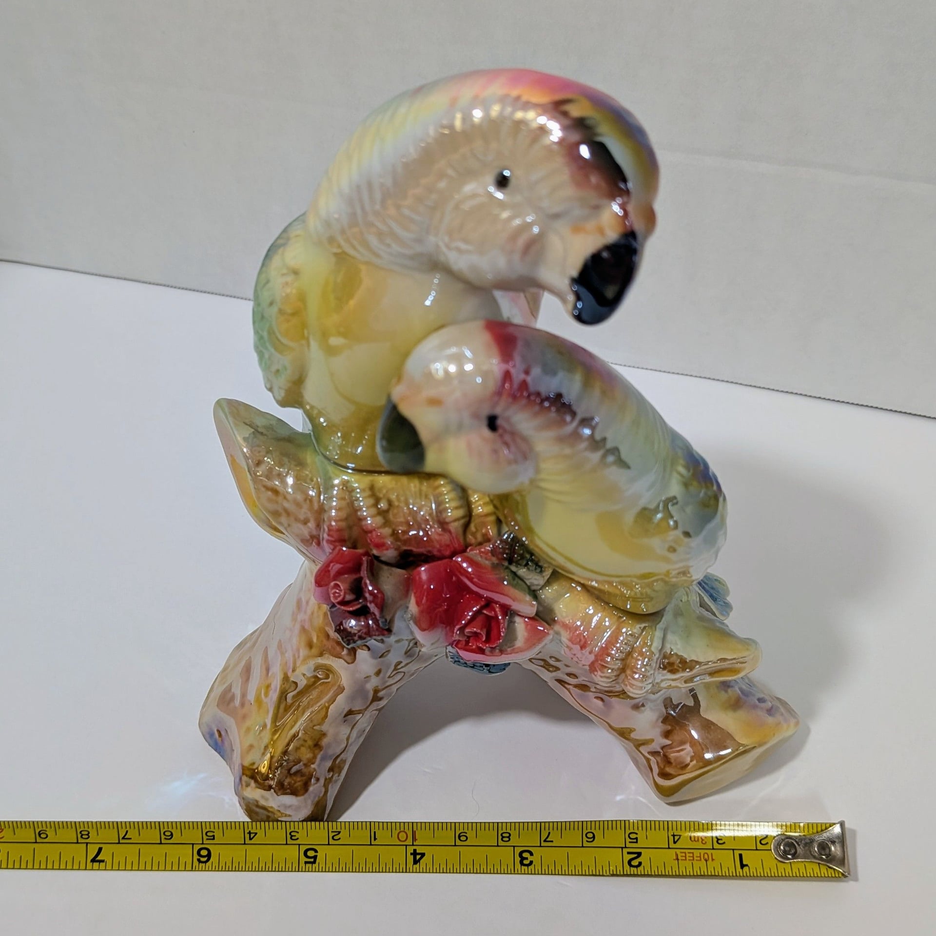 Vintage Porcelain Luster Glaze Cockatoo Parrots on Branch Figurine Red Roses 8