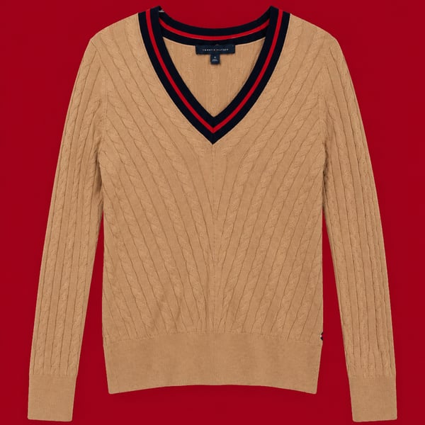 Tommy Hilfiger Cable Knit V-Neck Sweater with Striped Ribbing