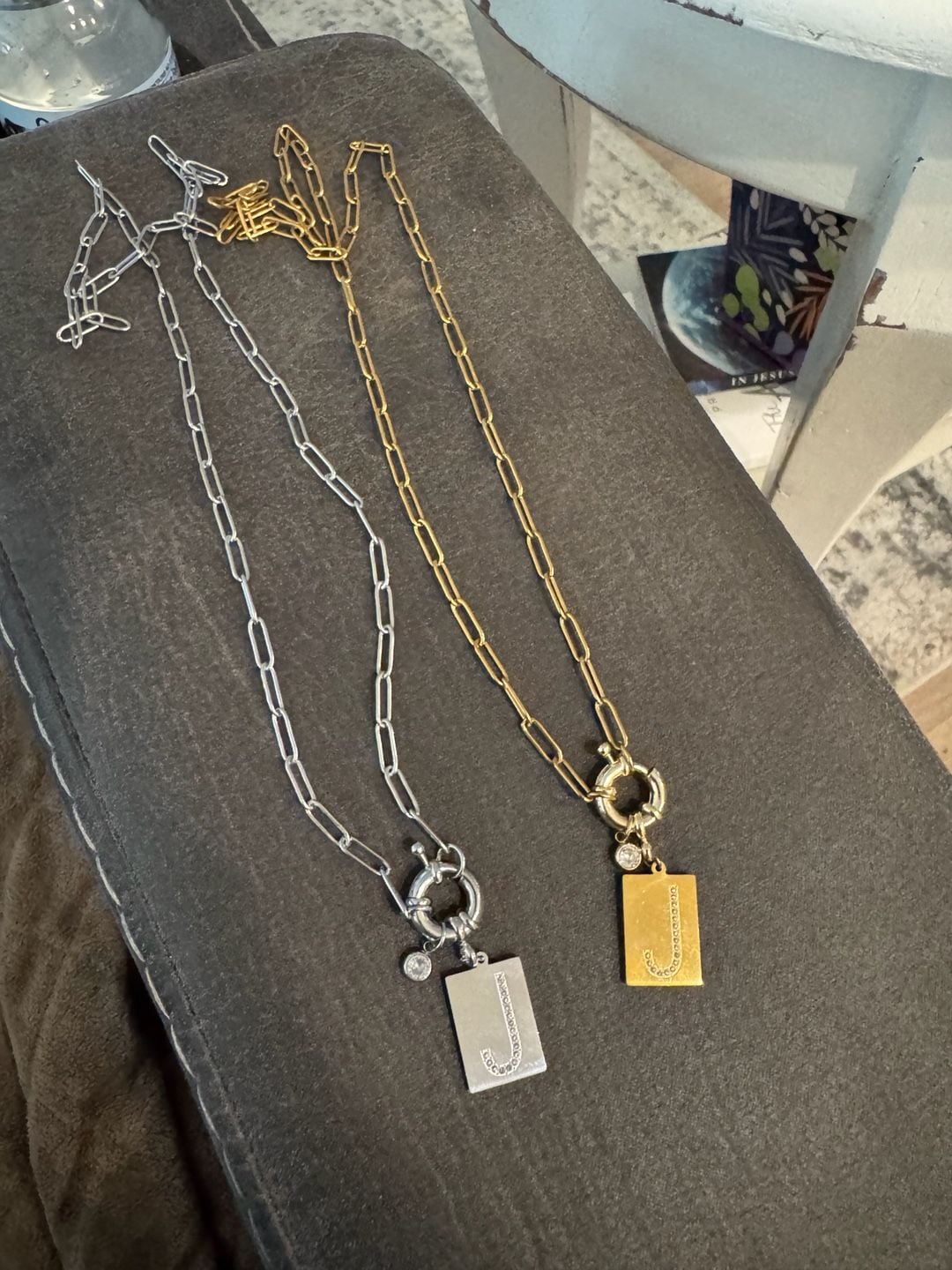 Mint & Lily Pave Initial Pave Necklace with Paperclip Chain - “J” Silver & Gold 1