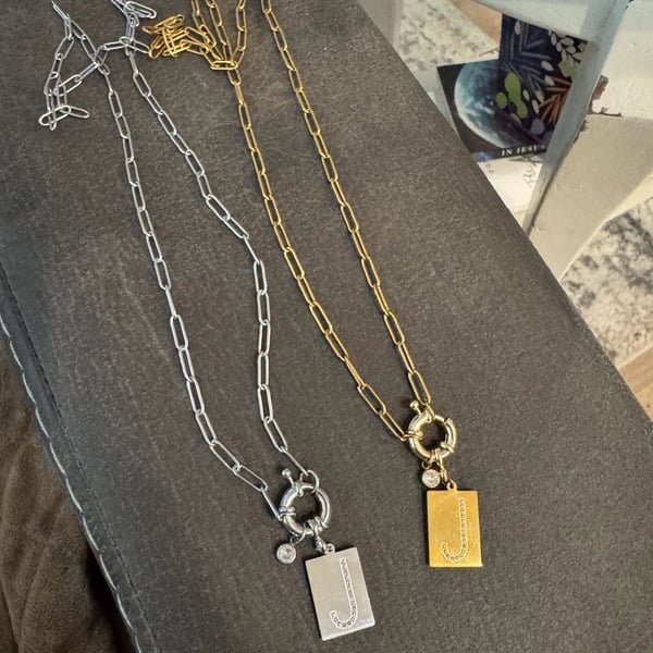 Mint & Lily Pave Initial Pave Necklace with Paperclip Chain - “J” Silver & Gold
