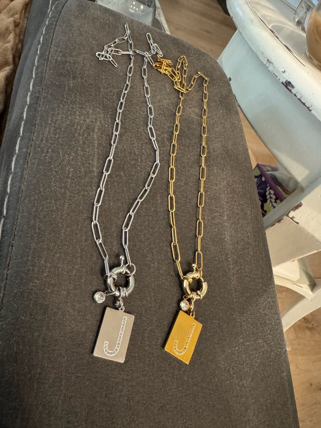 Mint & Lily Pave Initial Pave Necklace with Paperclip Chain - “J” Silver & Gold 2