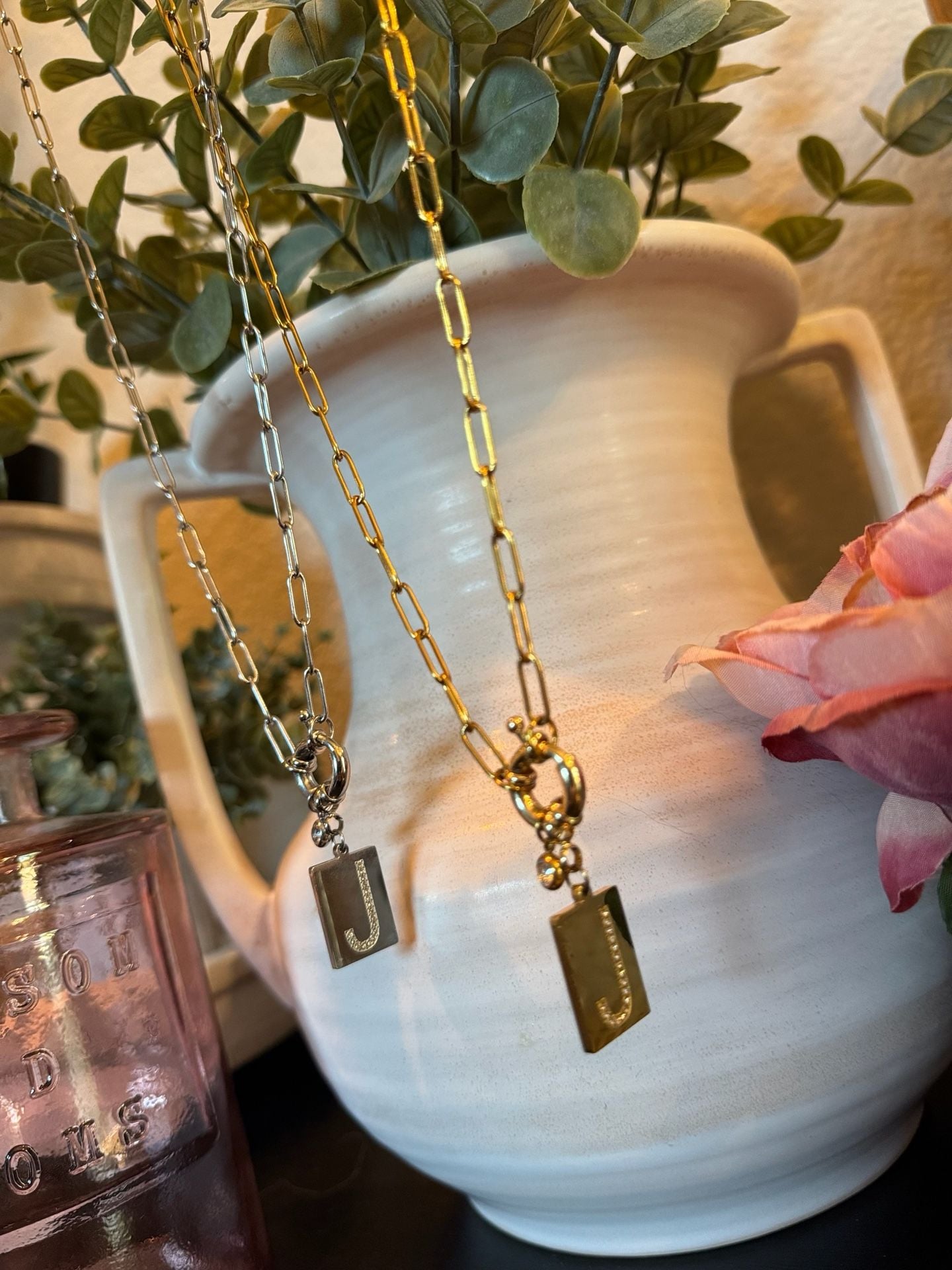 Mint & Lily Pave Initial Pave Necklace with Paperclip Chain - “J” Silver & Gold 3