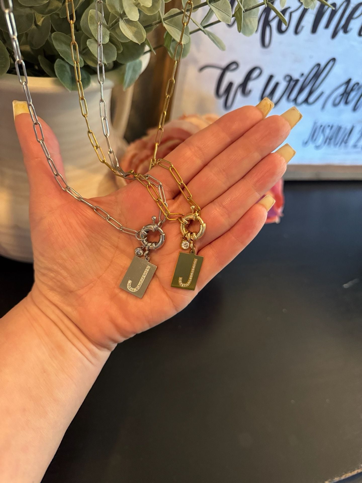 Mint & Lily Pave Initial Pave Necklace with Paperclip Chain - “J” Silver & Gold 4
