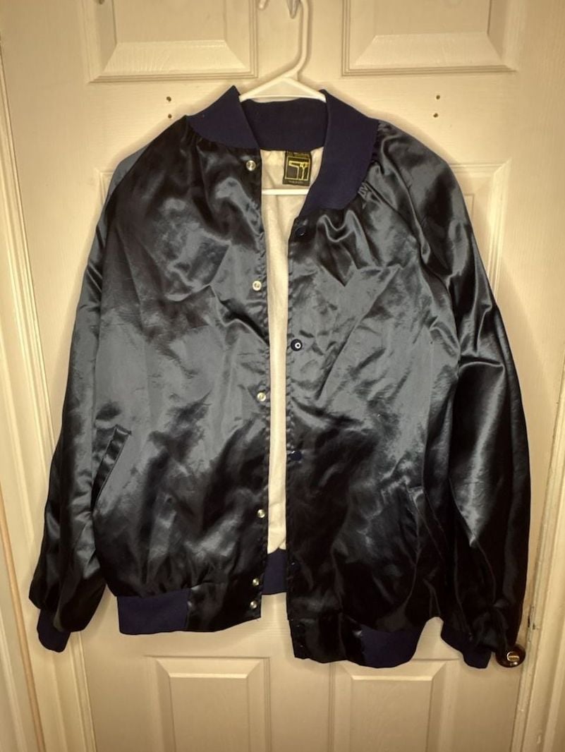 Vintage Lee Western Satin Bomber Jacket Blue Snap Up Made in USA 2