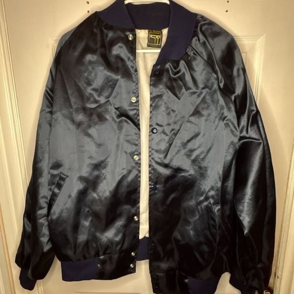 Vintage Lee Western Satin Bomber Jacket Blue Snap Up Made in USA