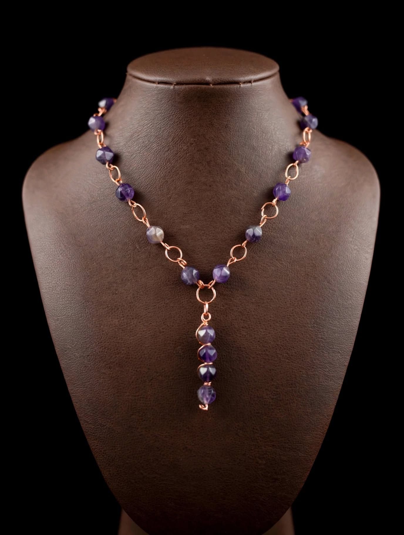 Handmade Wire-Wrapped Copper Chain Necklace Amethyst Beads and Lariat Drop 2
