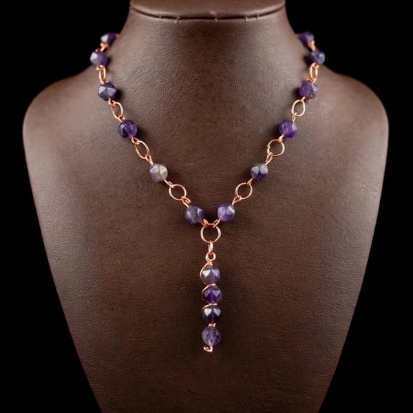 Handmade Wire-Wrapped Copper Chain Necklace Amethyst Beads and Lariat Drop