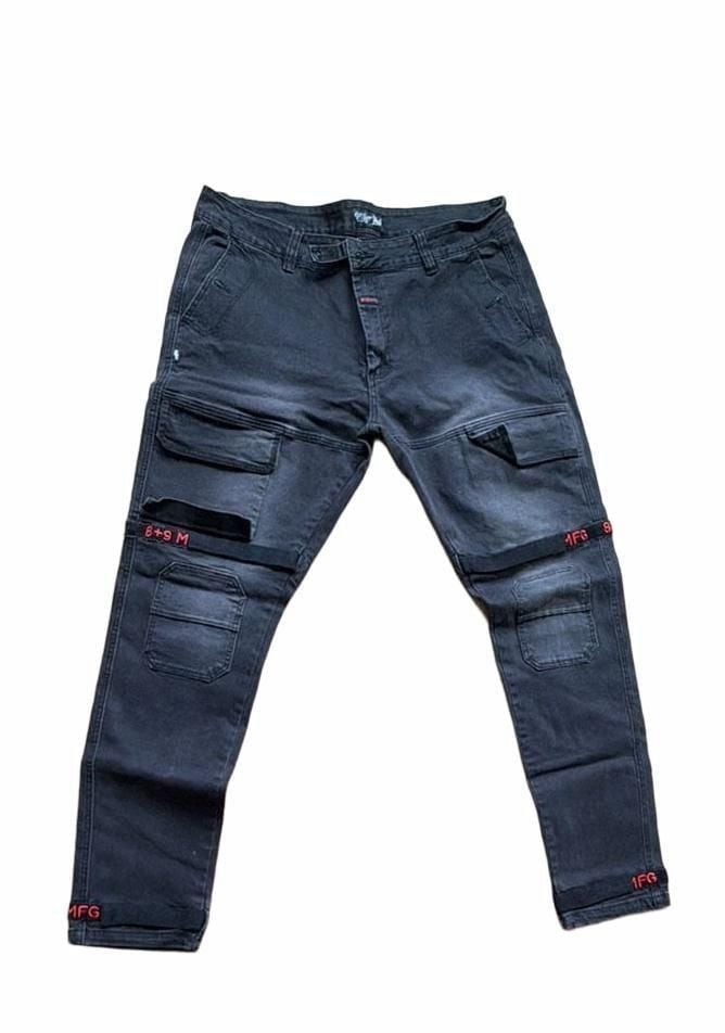8 + 9 MFG Black Cargo Jeans with Red Detailing 2