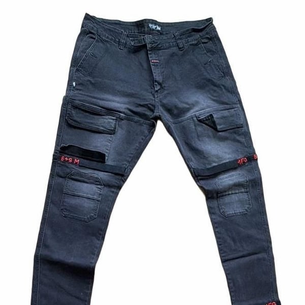 8 + 9 MFG Black Cargo Jeans with Red Detailing