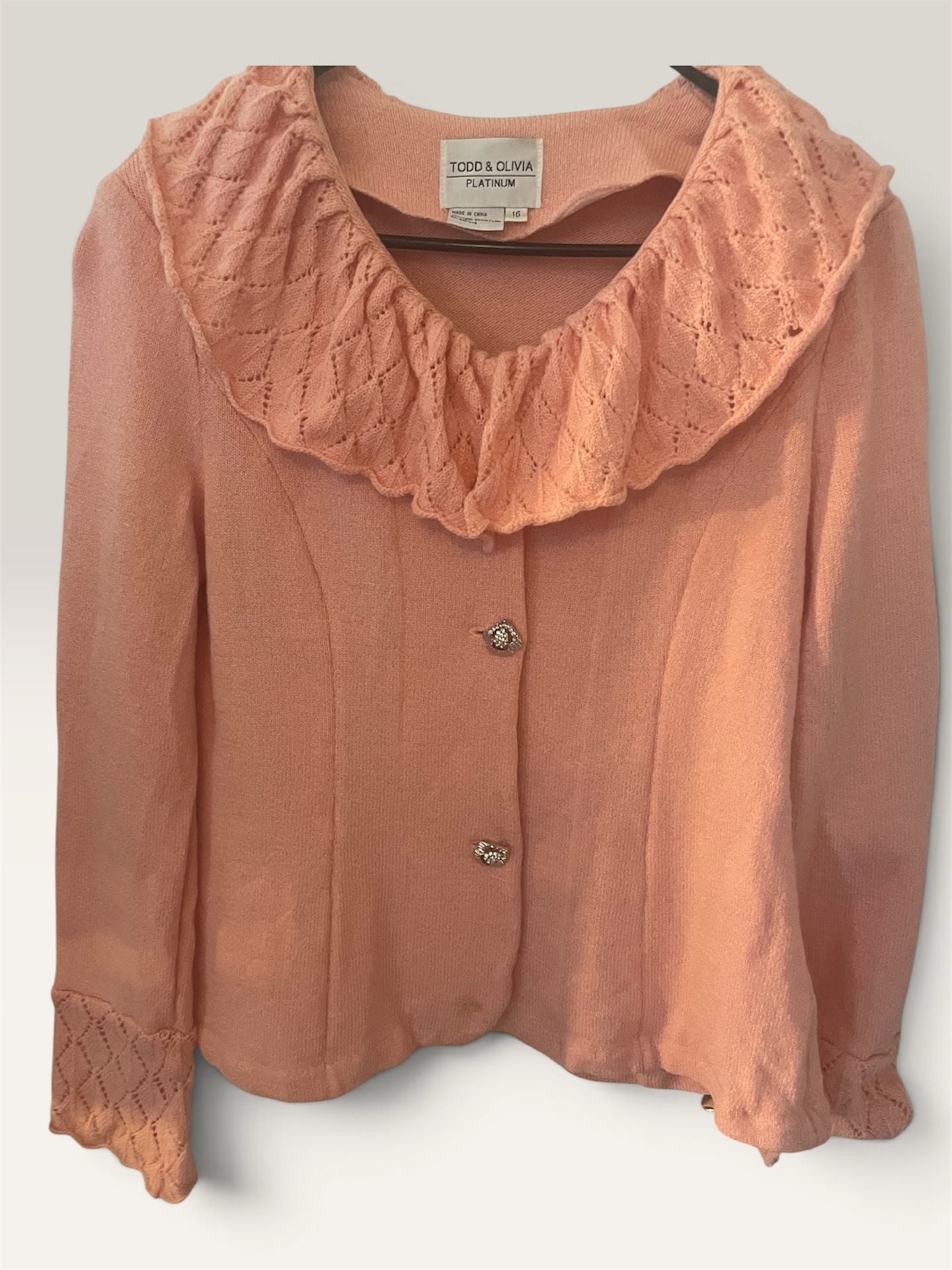 Todd & Olivia Pink Knit Sweater with Ruffled Collar and Embellished Buttons 2