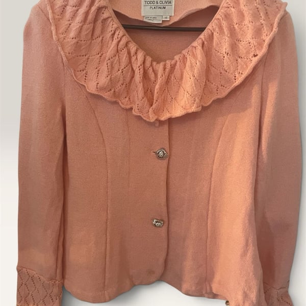Todd & Olivia Pink Knit Sweater with Ruffled Collar and Embellished Buttons