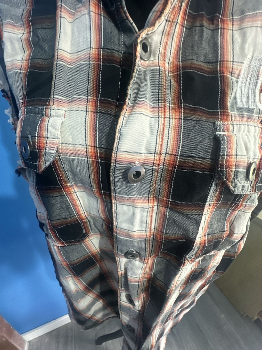 Harley-Davidson Sleeveless Plaid Button-Up Cutoff Shirt Vest Grey Black White 5