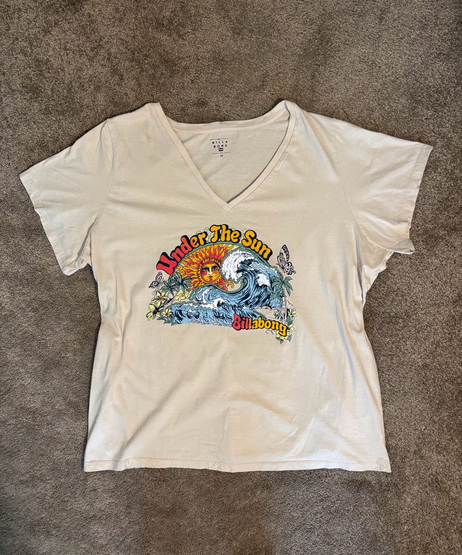 Billabong Under The Sun T-Shirt Womens 2X Cream V-Neck Graphic Wave Tee 2