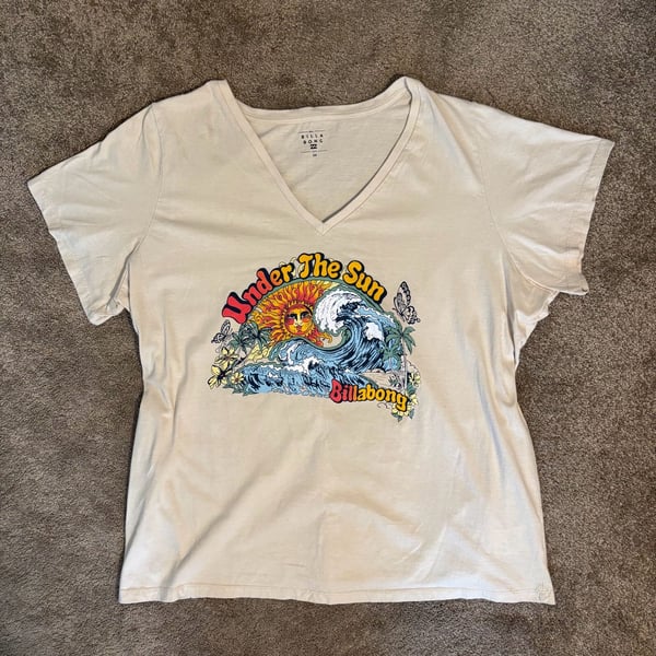 Billabong Under The Sun T-Shirt Womens 2X Cream V-Neck Graphic Wave Tee