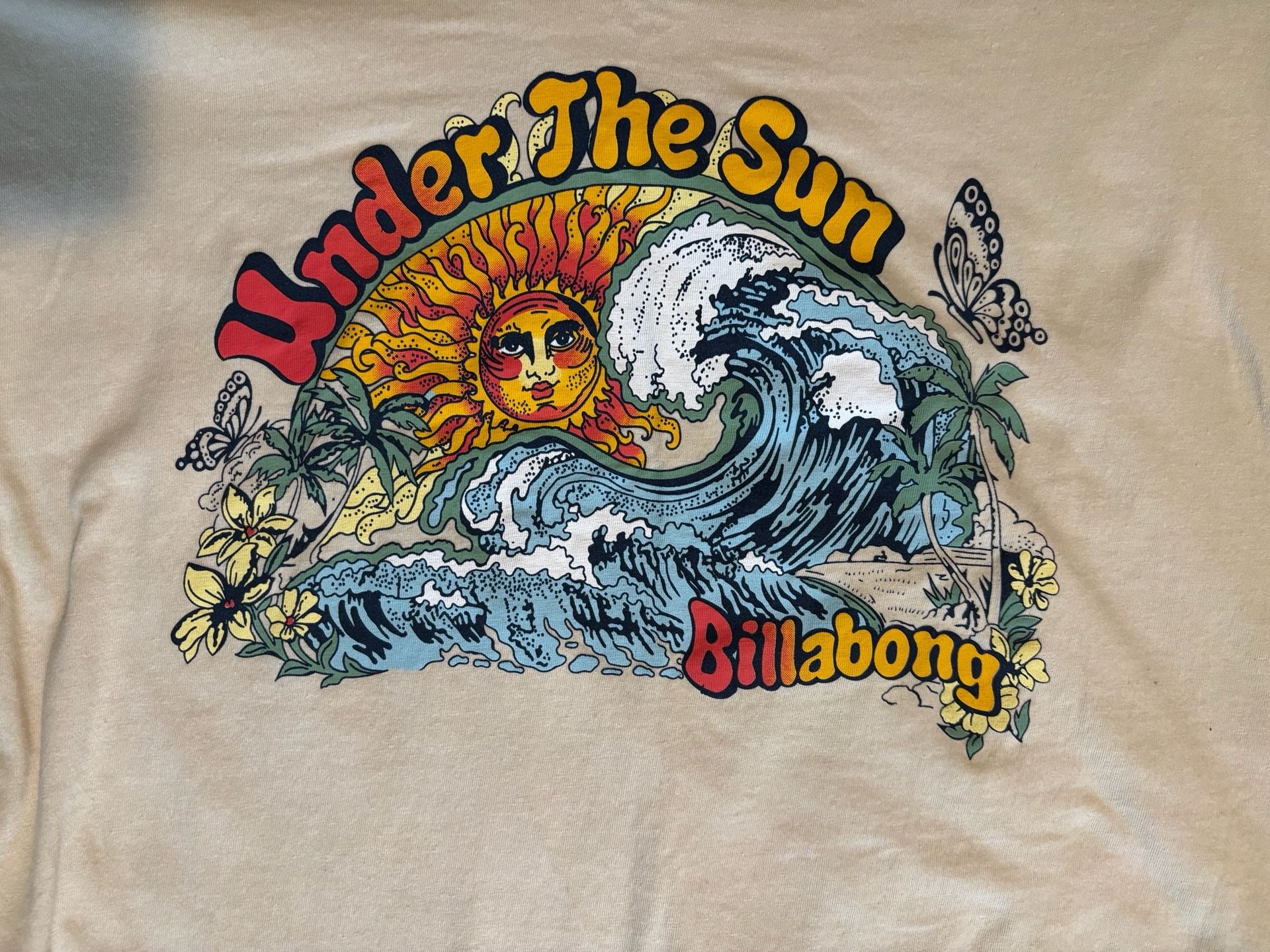 Billabong Under The Sun T-Shirt Womens 2X Cream V-Neck Graphic Wave Tee 3