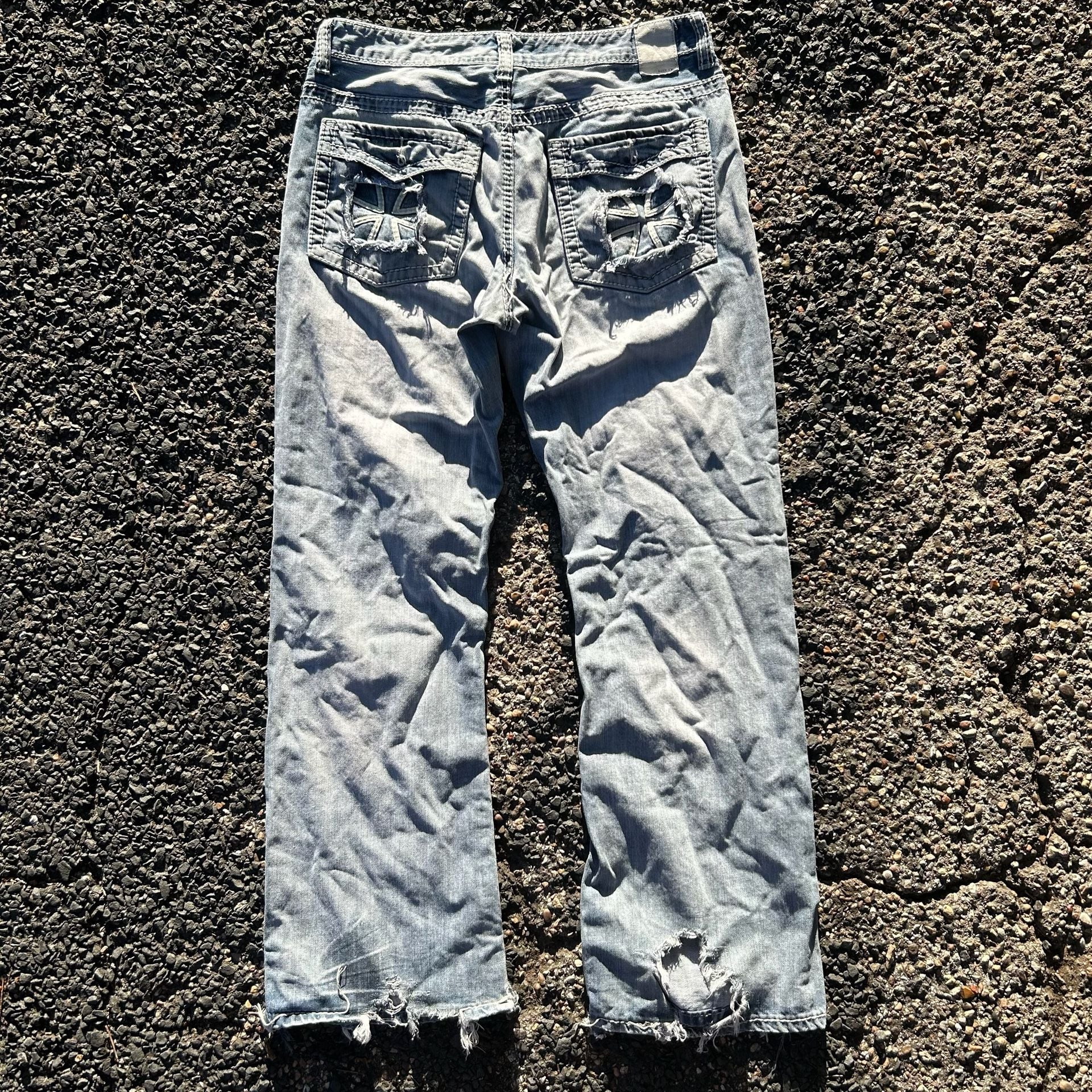 Helix Relaxed Bootcut Jeans Distressed Iron Cross Pocket Light Wash 32x32 2