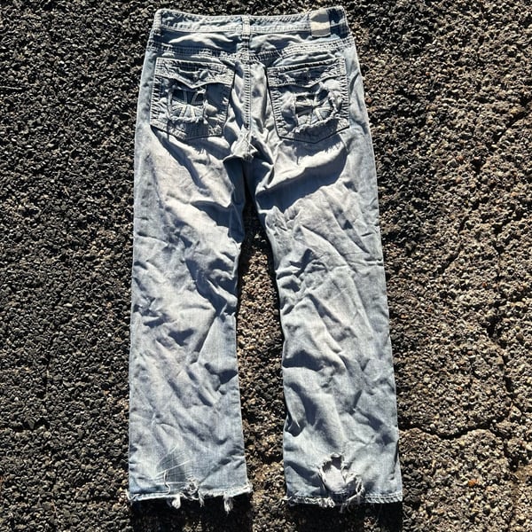 Helix Relaxed Bootcut Jeans Distressed Iron Cross Pocket Light Wash 32x32