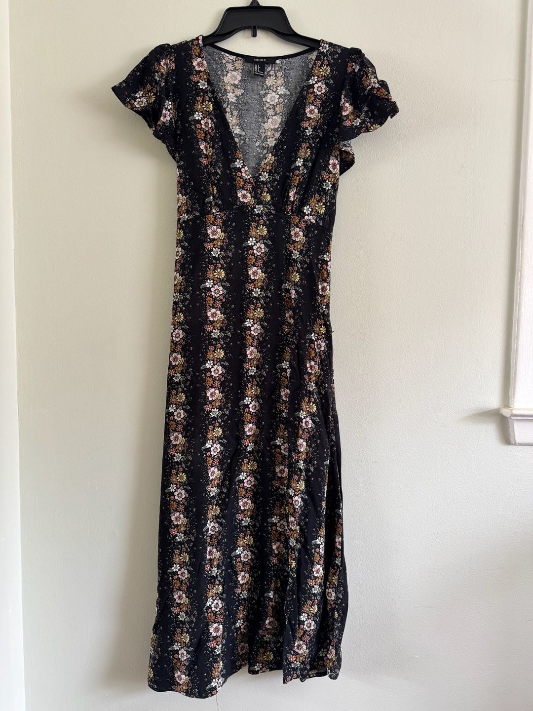 Forever 21 Black Floral Print Short Sleeve Midi Dress Size S 2