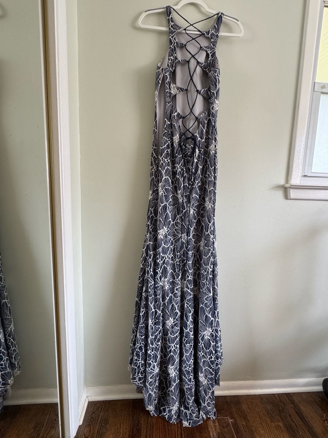 Y2K Stephen's Indianapolis Blue and White Lace Halter Gown- Lace-Up Back 3