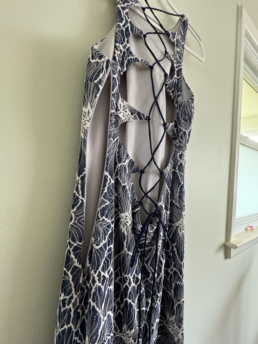 Y2K Stephen's Indianapolis Blue and White Lace Halter Gown- Lace-Up Back 7