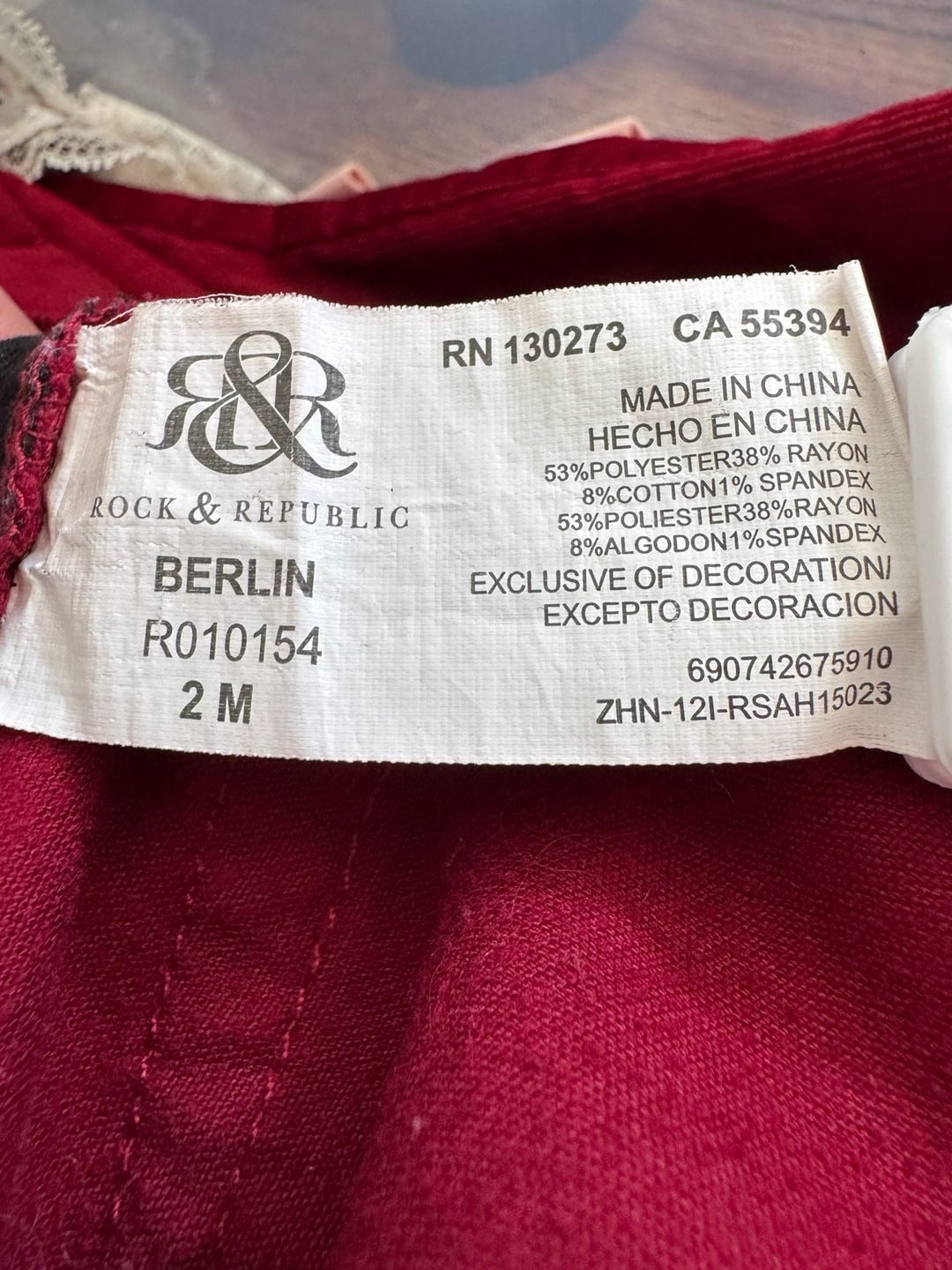 Rock & Republic Berlin Corduroy Skinny Pants Burgundy Red Size 2 7
