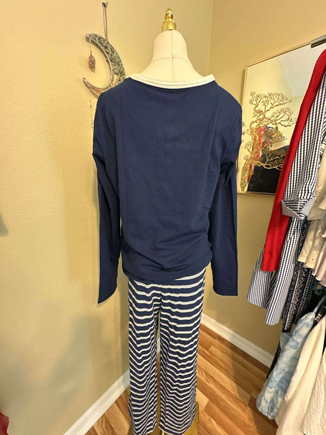 Lands' End Navy Blue Top Blue & White Striped Pants Pajama Set M 3