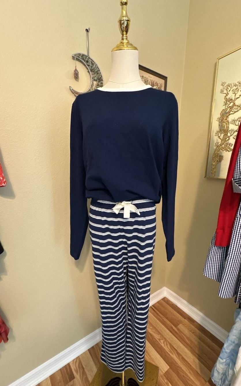 Lands' End Navy Blue Top Blue & White Striped Pants Pajama Set M 1