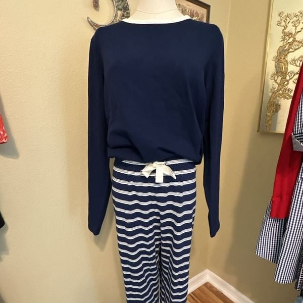 Lands' End Navy Blue Top Blue & White Striped Pants Pajama Set M
