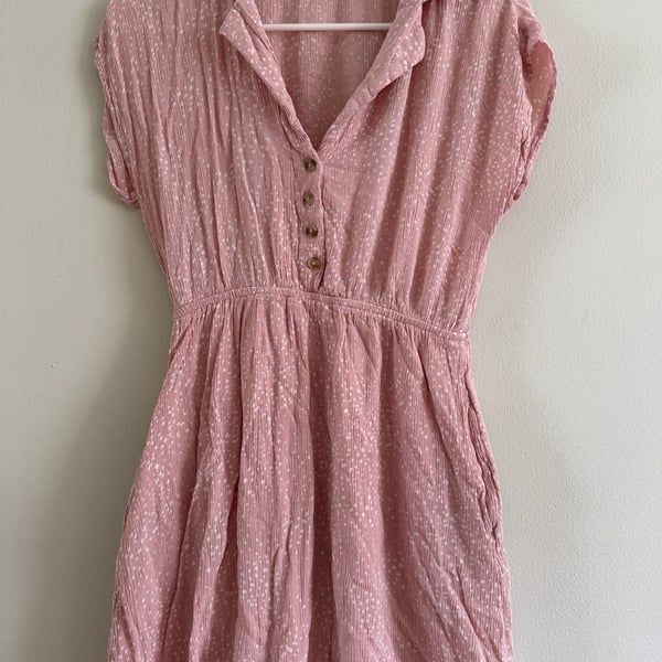 O'Neill Pink Spotted Short Sleeve Button Front Mini Dress (Babydoll Shirt) with Pockets Size XS