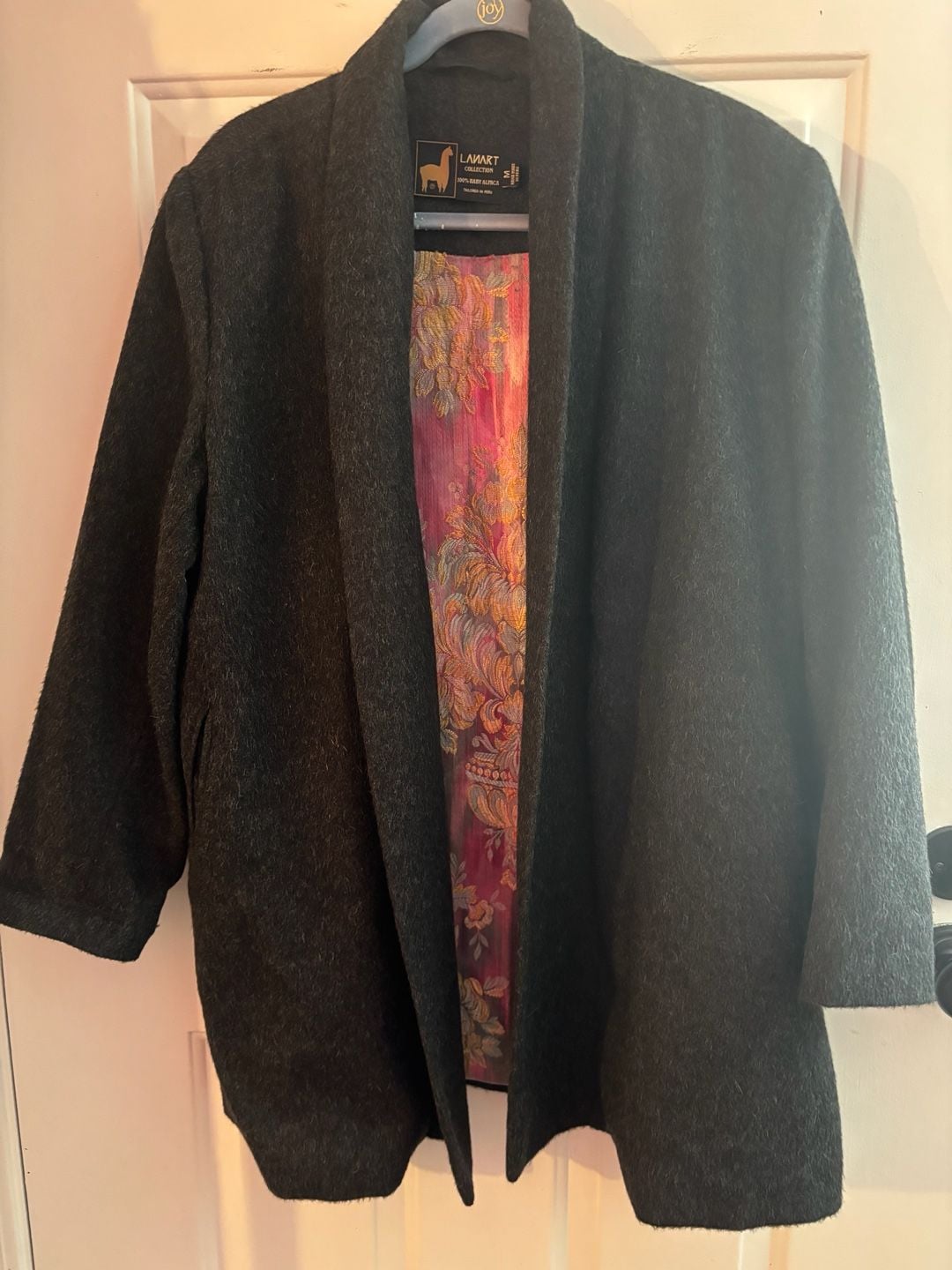 100% Baby Alpaca Dark Grey Open Front Coat with Floral Lining Size M 1