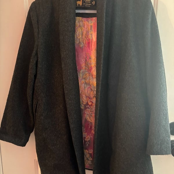100% Baby Alpaca Dark Grey Open Front Coat with Floral Lining Size M