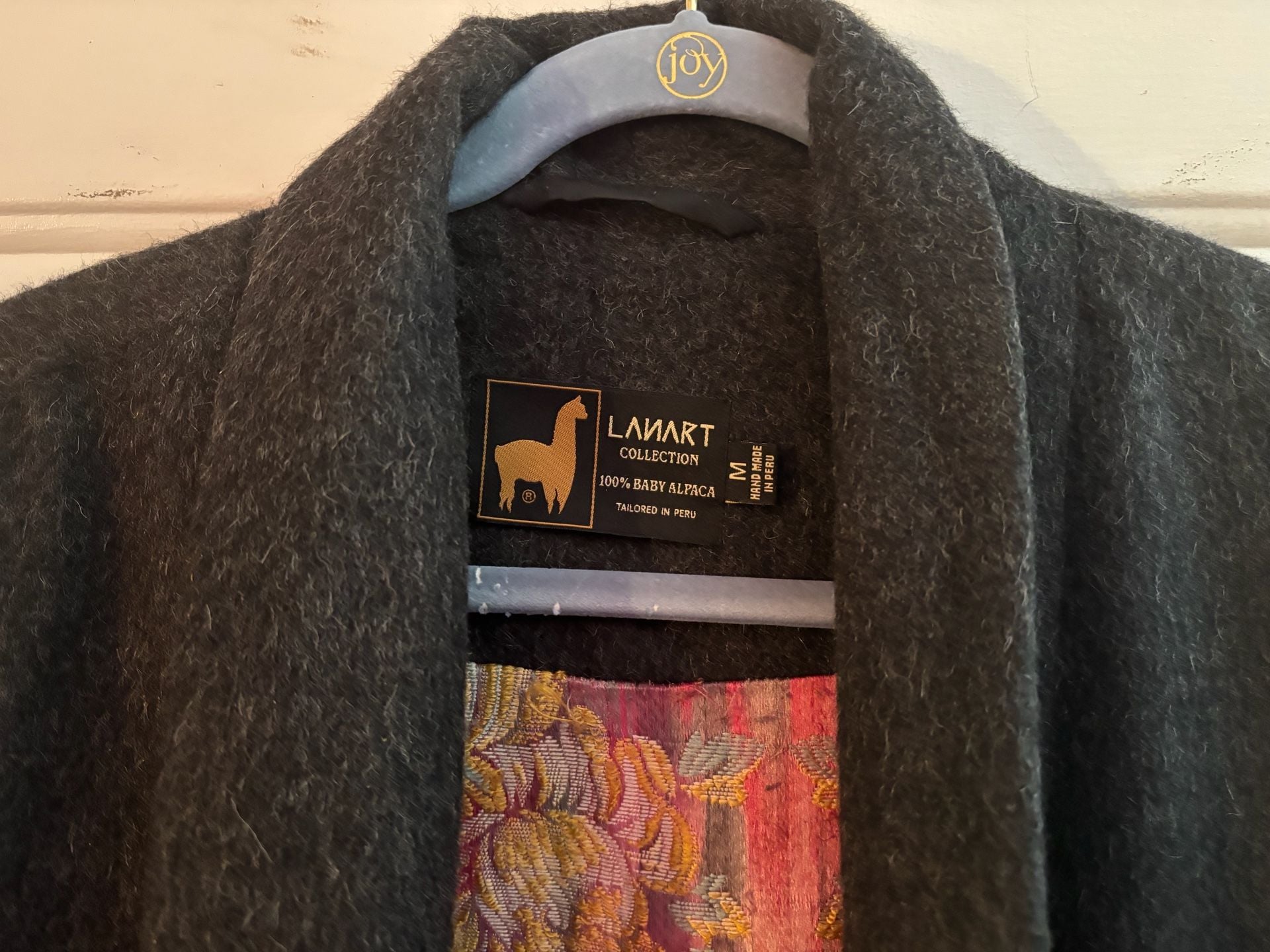 100% Baby Alpaca Dark Grey Open Front Coat with Floral Lining Size M 2