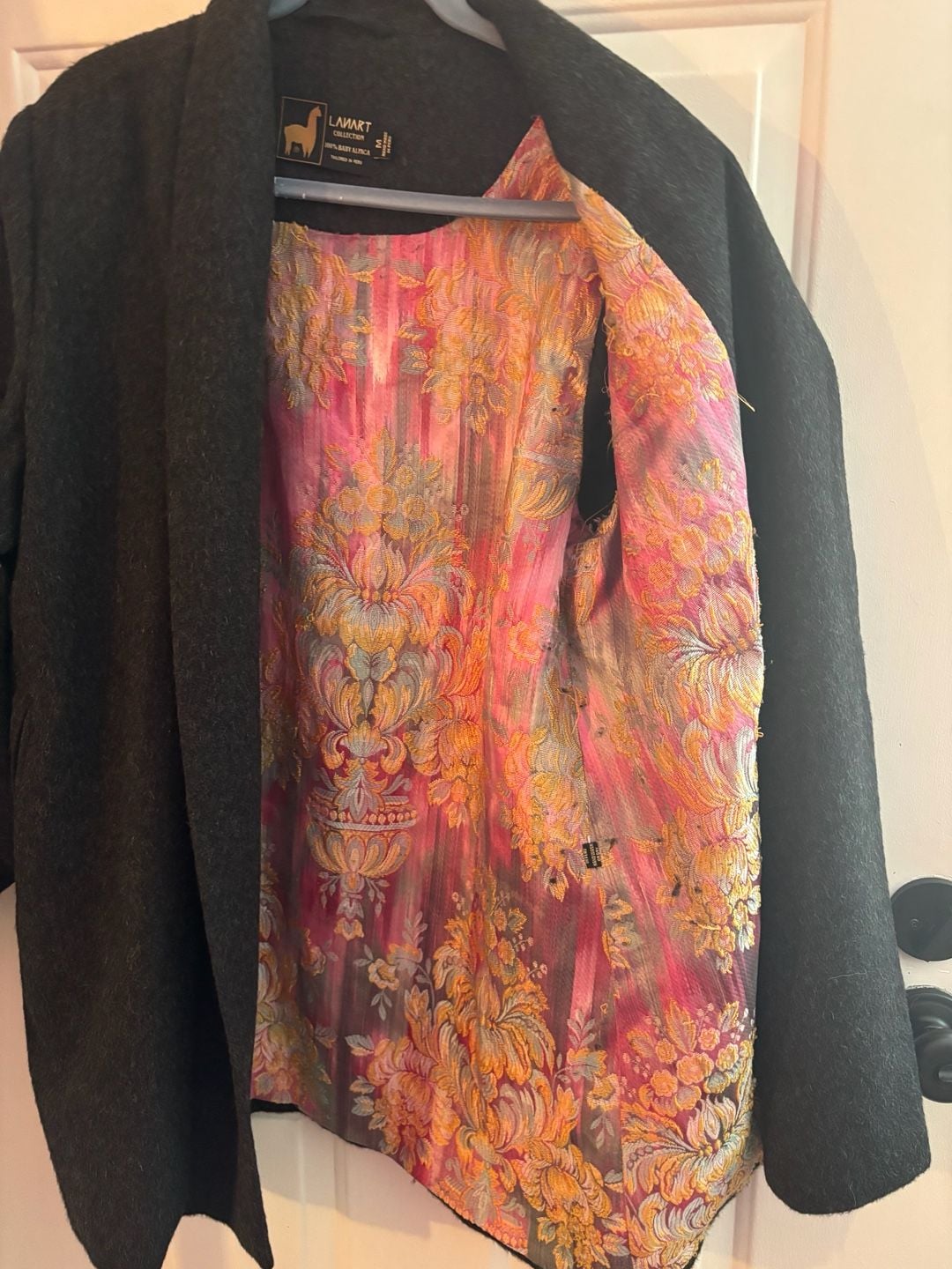 100% Baby Alpaca Dark Grey Open Front Coat with Floral Lining Size M 3