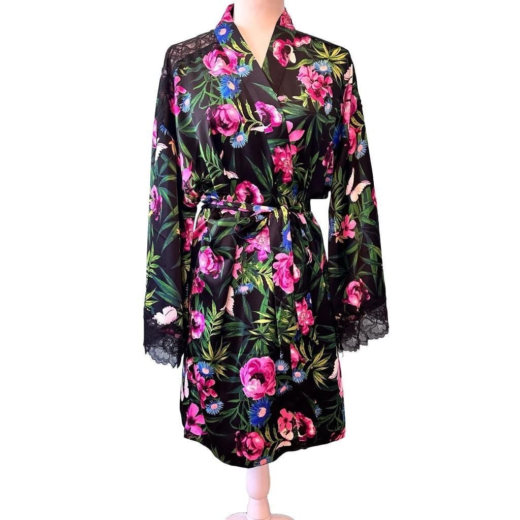 Victoria's Secret Black Tropical Floral Satin Kimono Robe with Lace Trim M/L 2