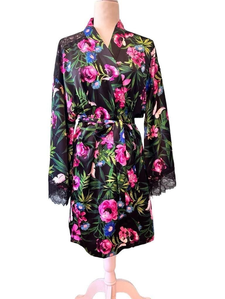 Victoria's Secret Black Tropical Floral Satin Kimono Robe with Lace Trim M/L 3