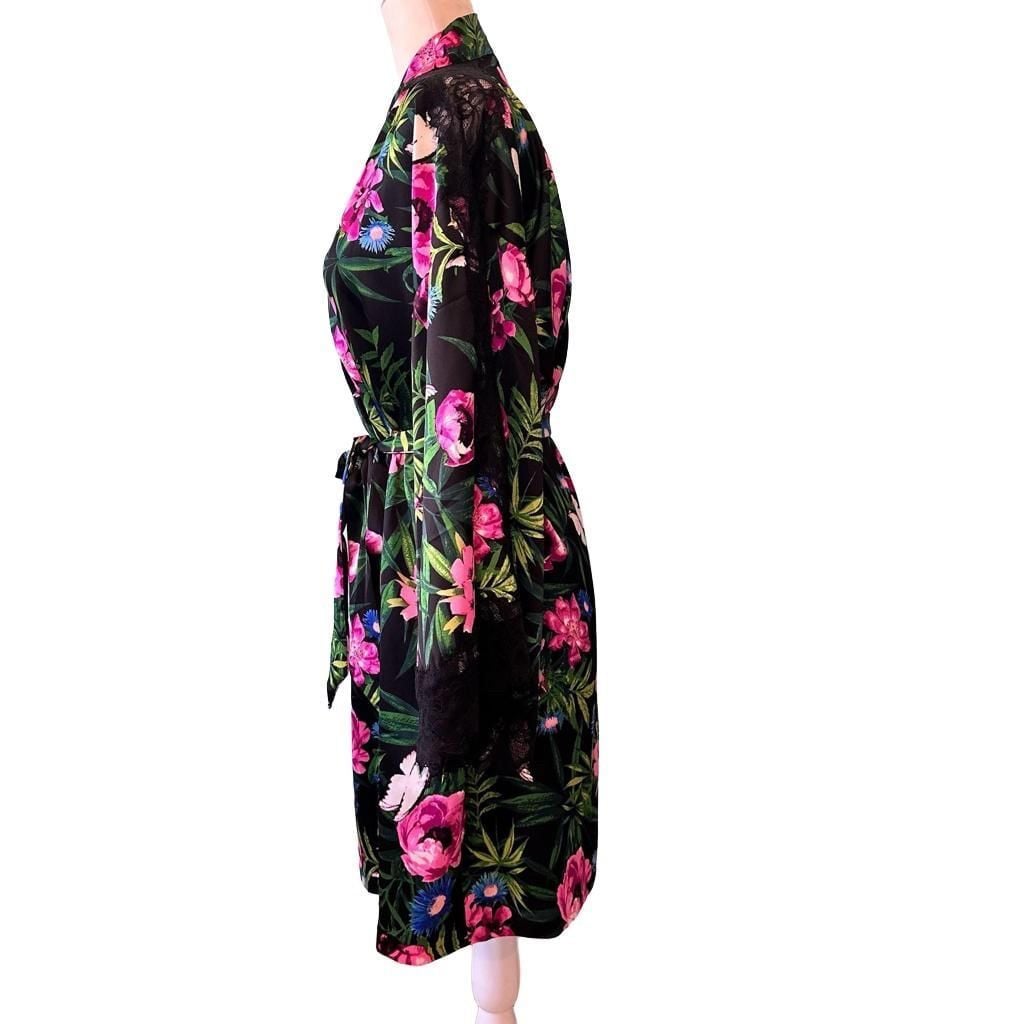 Victoria's Secret Black Tropical Floral Satin Kimono Robe with Lace Trim M/L 9