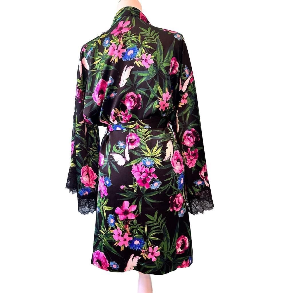 Victoria's Secret Black Tropical Floral Satin Kimono Robe with Lace Trim M/L 11