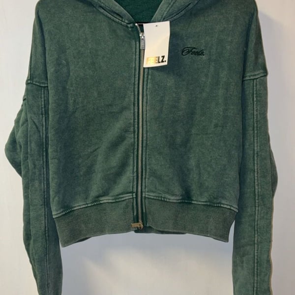 FEELZ. Washed Zip-Up Hoodie Dark Green Size XS