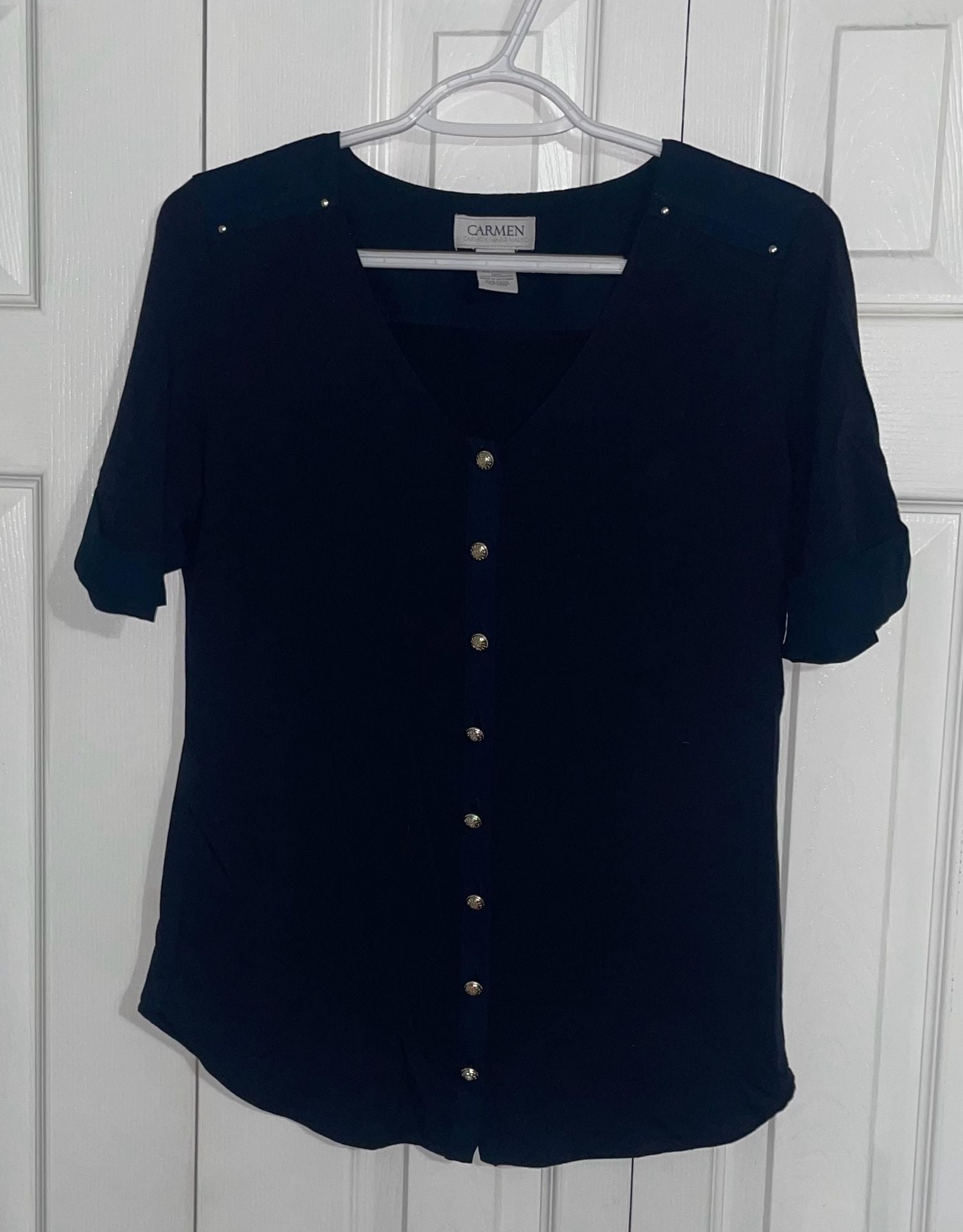 Carmen Marc Valvo Navy Blue V-Neck Button-Down Blouse 2